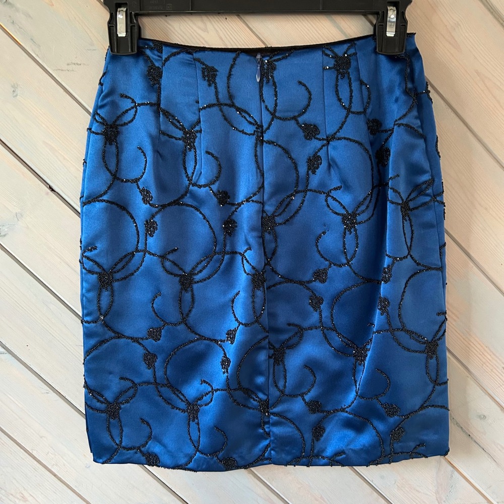 Moda International Blue Satin Beaded Mini Skirt Vintage Size 2 Pencil Cocktail - Picture 2 of 5